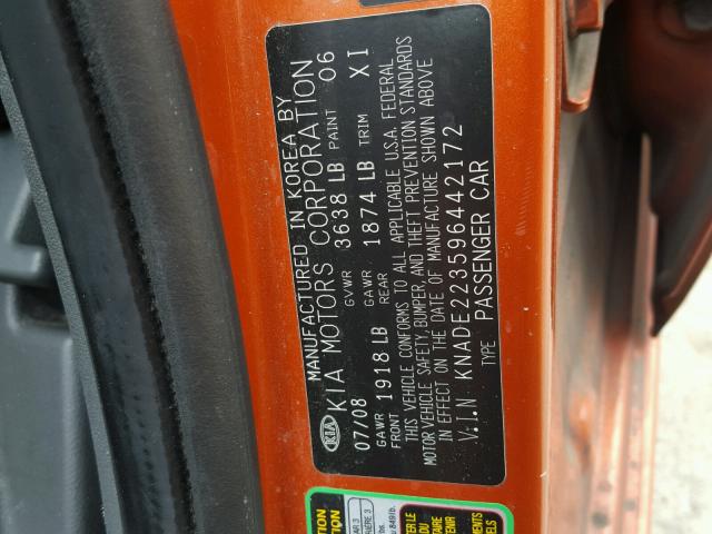 KNADE223596442172 - 2009 KIA RIO BASE ORANGE photo 10