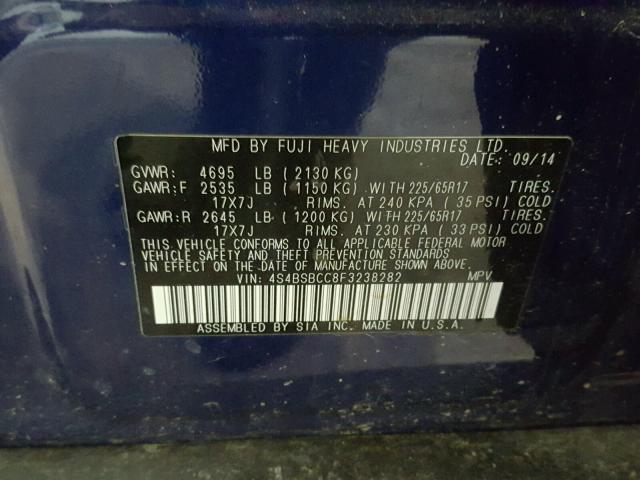 4S4BSBCC8F3238282 - 2015 SUBARU OUTBACK 2. BLUE photo 10