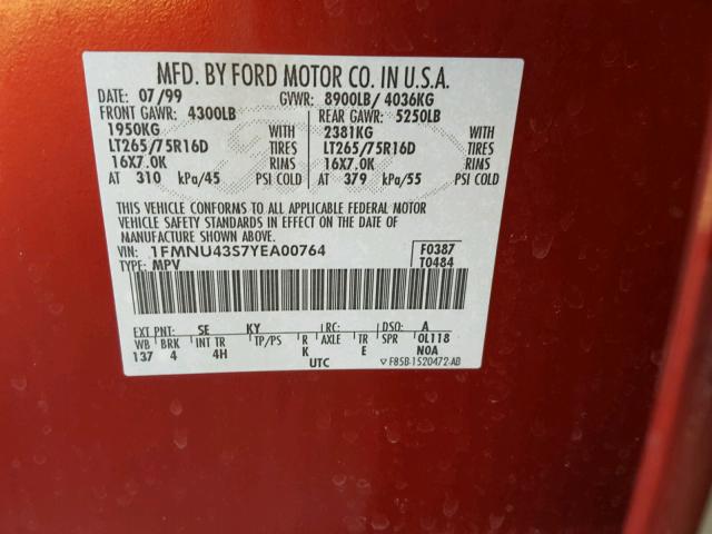 1FMNU43S7YEA00764 - 2000 FORD EXCURSION RED photo 10