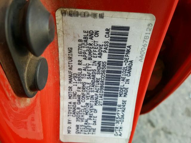 2T1AE09B6RC056585 - 1994 TOYOTA COROLLA LE 红色 照片 10