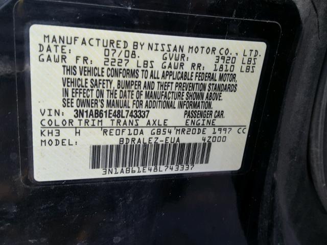 3N1AB61E48L743337 - 2008 NISSAN SENTRA 2.0 BLACK photo 10