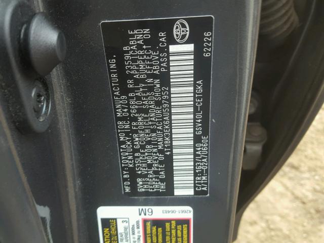 4T1BK3EK6AU597952 - 2010 TOYOTA CAMRY SE GRAY photo 10