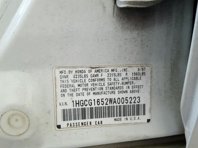 1HGCG1652WA005223 - 1998 HONDA ACCORD EX WHITE photo 10