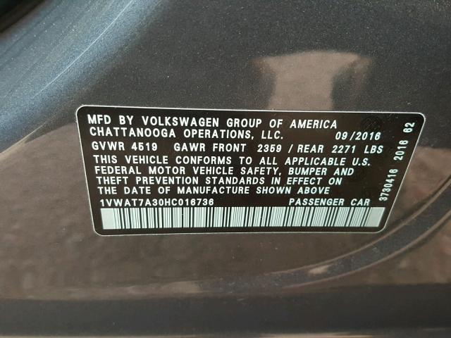 1VWAT7A30HC016736 - 2017 VOLKSWAGEN PASSAT S رمادي صورة 10