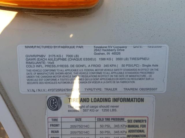 4YDT25R247B452117 - 2007 KEYSTONE OUTBACK WHITE photo 10