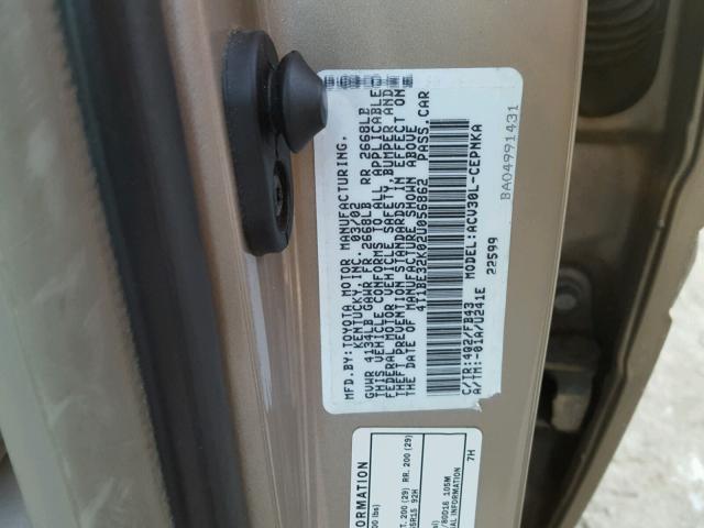 4T1BE32K02U056862 - 2002 TOYOTA CAMRY LE TAN photo 10