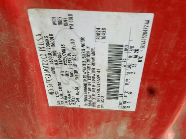 1FTYR14U24PA59141 - 2004 FORD RANGER SUP RED photo 10