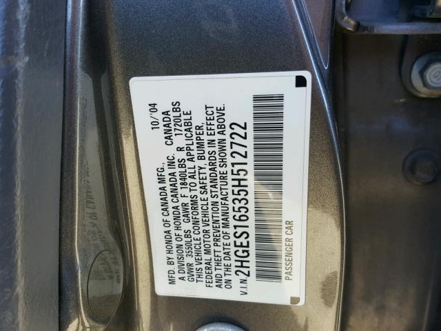 2HGES16535H512722 - 2005 HONDA CIVIC LX GRAY photo 10