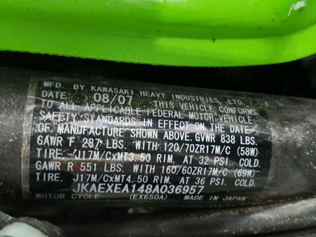 JKAEXEA148A036957 - 2008 KAWASAKI EX650 A GREEN photo 10