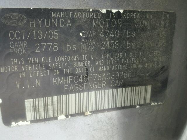 KMHFC46F76A039266 - 2006 HYUNDAI AZERA SE GRAY photo 10