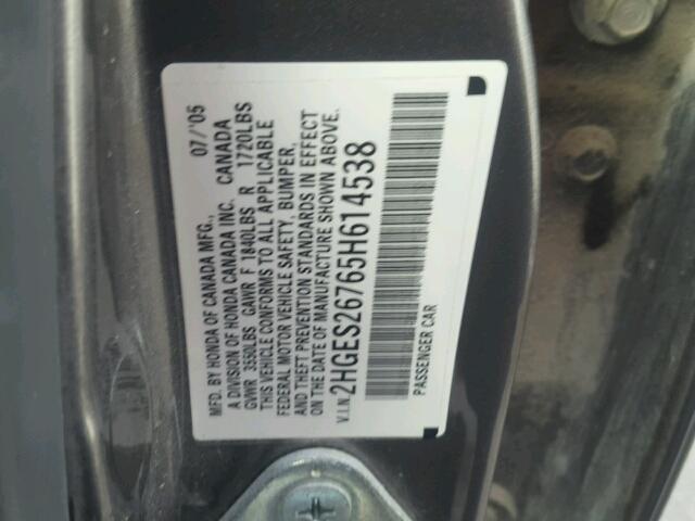 2HGES26765H614538 - 2005 HONDA CIVIC EX GRAY photo 10