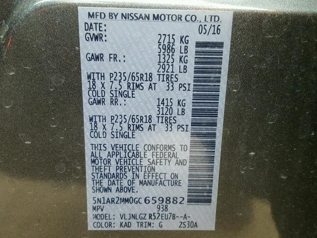 5N1AR2MM0GC659882 - 2016 NISSAN PATHFINDER GRAY photo 10