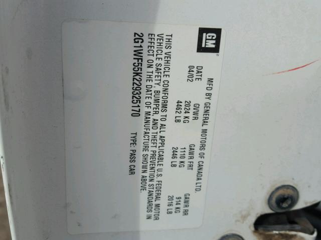 2G1WF55K629331246 - 2002 CHEVROLET IMPALA 白色 照片 10