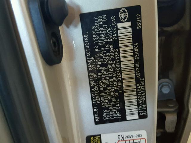 4T1BE32K46U741565 - 2006 TOYOTA CAMRY LE ოქროსფერი ფოტო 10