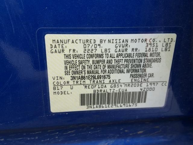 3N1AB61E29L691675 - 2009 NISSAN SENTRA 2.0 BLUE photo 10