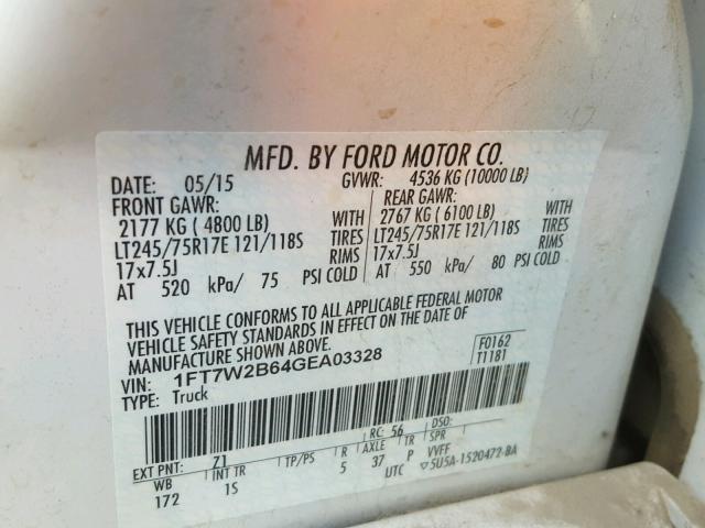 1FT7W2B64GEA03328 - 2016 FORD F250 SUPER WHITE photo 10