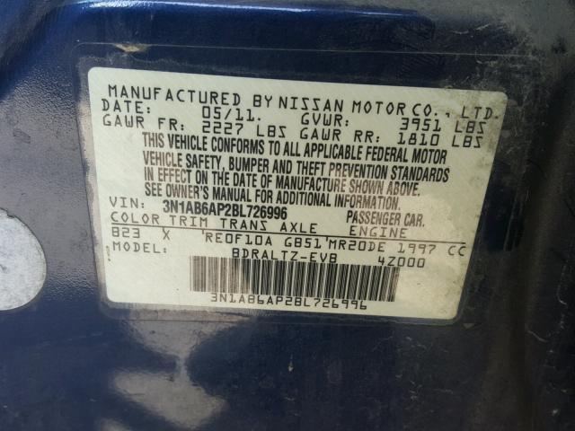 3N1AB6AP2BL726996 - 2011 NISSAN SENTRA 2.0 BLUE photo 10