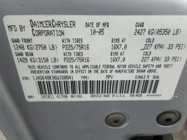 1J4GK48K96W168841 - 2006 JEEP LIBERTY SP SILVER photo 10