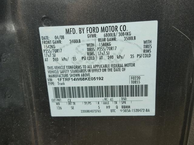 1FTRF14W68KE05192 - 2008 FORD F150 GRAY photo 10