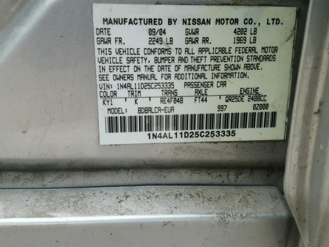 1N4AL11D25C253335 - 2005 NISSAN ALTIMA S SILVER photo 10