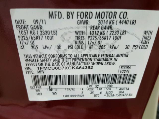 1FMCU0D7XCKA64382 - 2012 FORD ESCAPE XLT MAROON photo 10