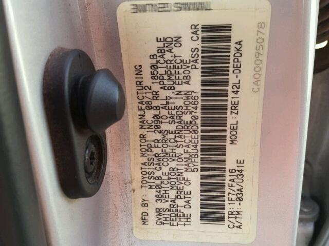 5YFBU4EE0DP074667 - 2013 TOYOTA COROLLA BA SILVER photo 10