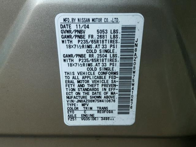 JN8AZ08W75W410676 - 2005 NISSAN MURANO SL SILVER photo 10