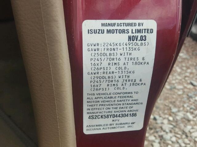 4S2CK58Y044304186 - 2004 ISUZU RODEO S RED photo 10