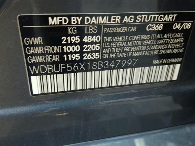 WDBUF56X18B347997 - 2008 MERCEDES-BENZ E 350 GRAY photo 10