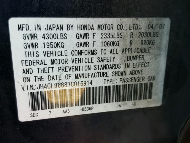 JH4CL96887C016914 - 2007 ACURA TSX BLUE photo 10