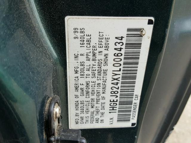 1HGEJ824XYL006434 - 2000 HONDA CIVIC EX Yaşıl foto 10