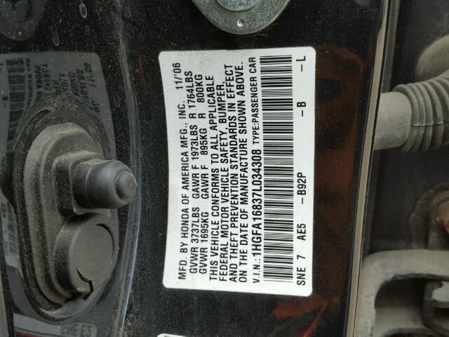 1HGFA16837L034308 - 2007 HONDA CIVIC EX BLACK photo 10