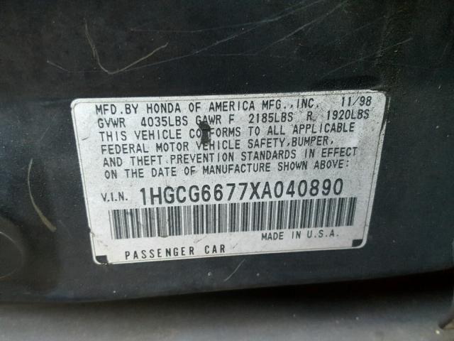 1HGCG6677XA040890 - 1999 HONDA ACCORD EX BLACK photo 10