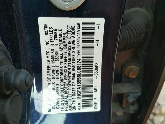 1HGFA15556L068174 - 2006 HONDA CIVIC LX BLUE photo 10