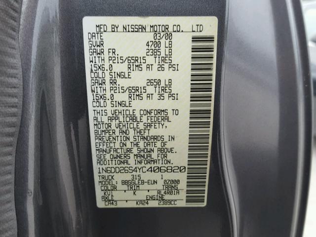 1N6DD26S4YC406820 - 2000 NISSAN FRONTIER K GRAY photo 10