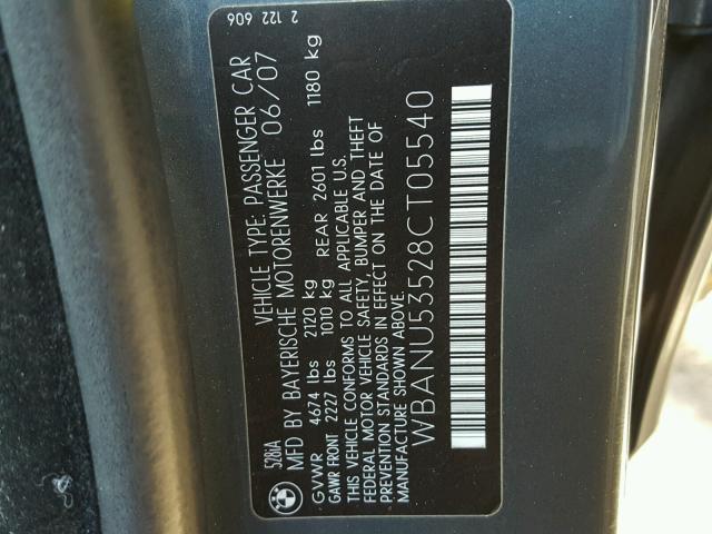 WBANU53528CT05540 - 2008 BMW 528 I GRAY photo 10