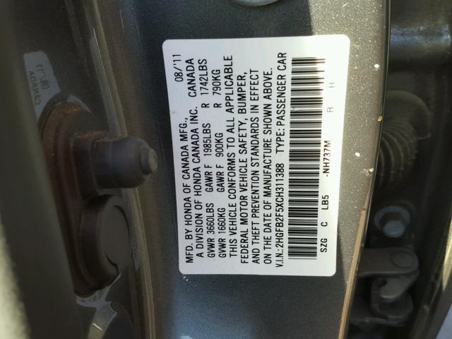 2HGFB2F5XCH311388 - 2012 HONDA CIVIC LX GRAY photo 10