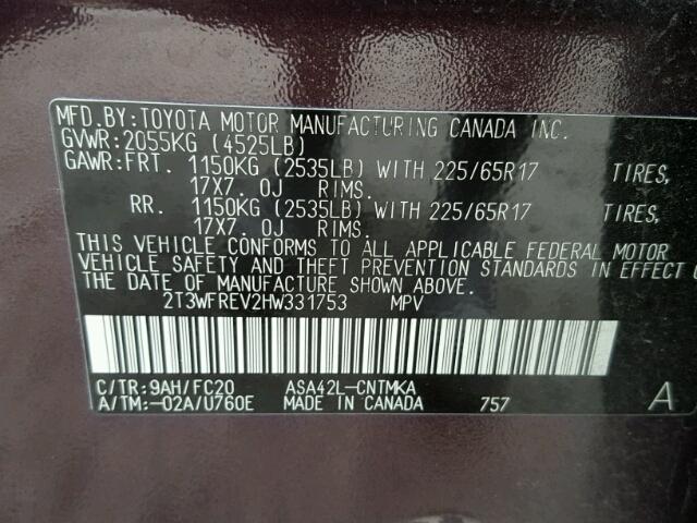 2T3WFREV2HW331753 - 2017 TOYOTA RAV4 XLE MAROON photo 10