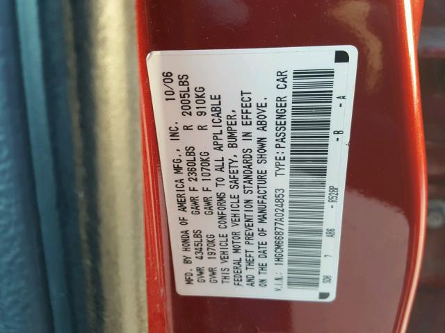 1HGCM66877A024853 - 2007 HONDA ACCORD EX RED photo 10