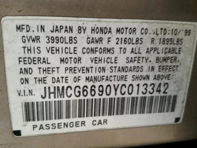 JHMCG6690YC013342 - 2000 HONDA ACCORD SE GRAY photo 10