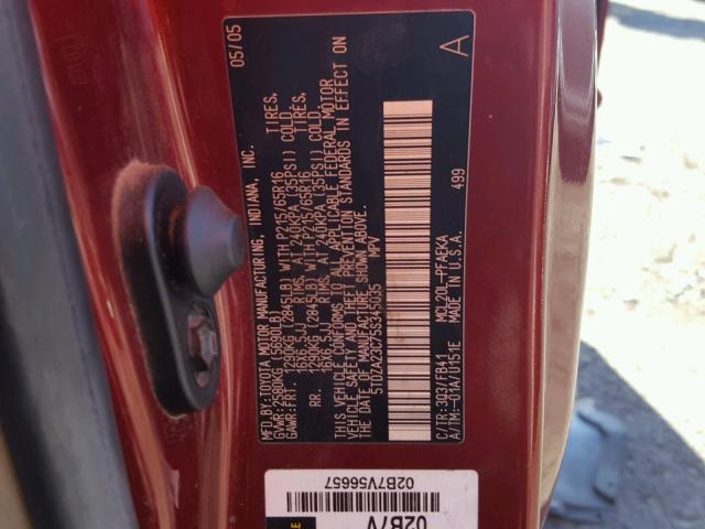 5TDZA23C75S345035 - 2005 TOYOTA SIENNA CE RED photo 10