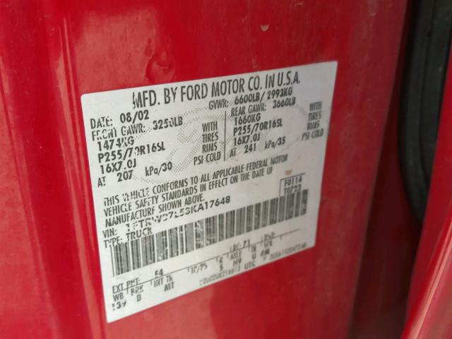 1FTRW07L53KA17648 - 2003 FORD F150 SUPER RED photo 10