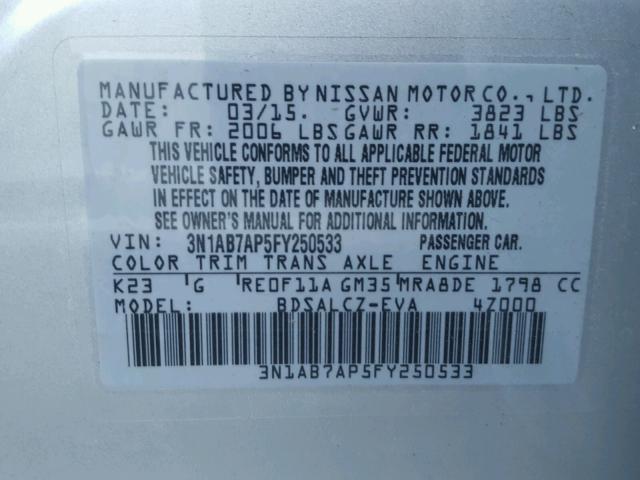 3N1AB7AP5FY250533 - 2015 NISSAN SENTRA S SILVER photo 10