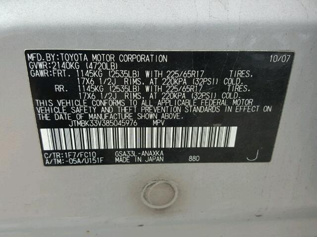 JTMBK33V385045976 - 2008 TOYOTA RAV4 SILVER photo 10