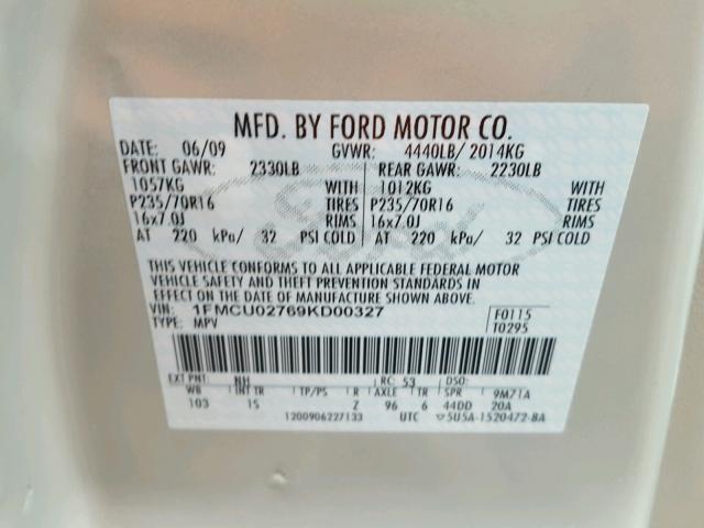 1FMCU02769KD00327 - 2009 FORD ESCAPE XLS WHITE photo 10