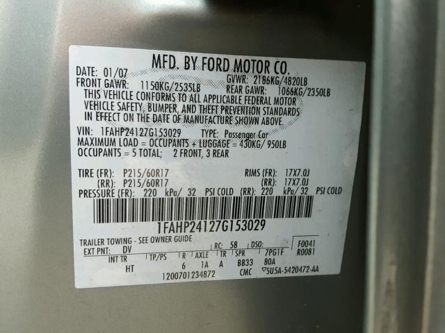 1FAHP24127G153029 - 2007 FORD FIVE HUNDR TEAL photo 10