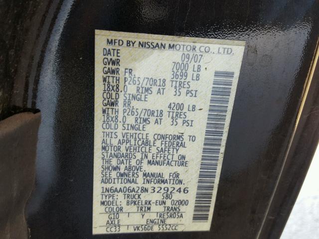 1N6AA06A28N329246 - 2008 NISSAN TITAN XE BLACK photo 10