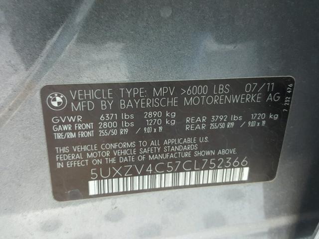 5UXZV4C57CL752366 - 2012 BMW X5 XDRIVE3 GRAY photo 10