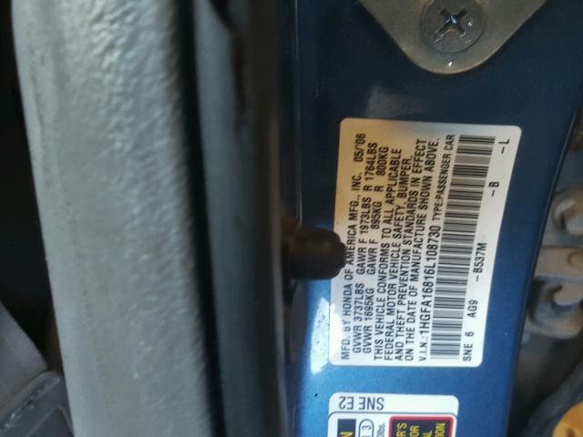 1HGFA16816L108730 - 2006 HONDA CIVIC EX BLUE photo 10