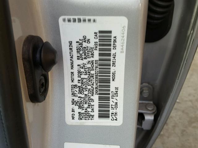 1NXBU40E89Z078155 - 2009 TOYOTA COROLLA BA SILVER photo 10